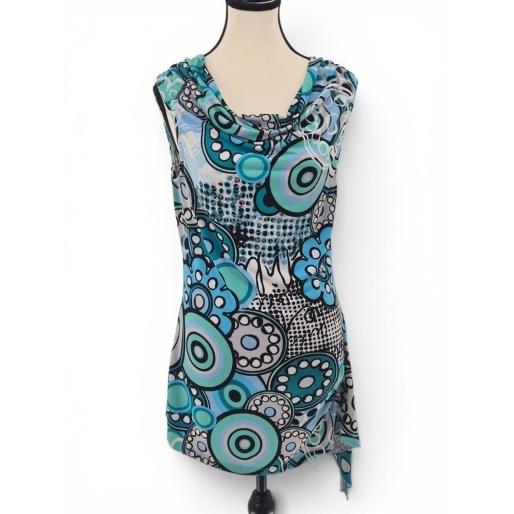 Aqua Blue Abstract Cowl Neck Tunic Top Med Side Tie Stretch Artsy Resort Retro